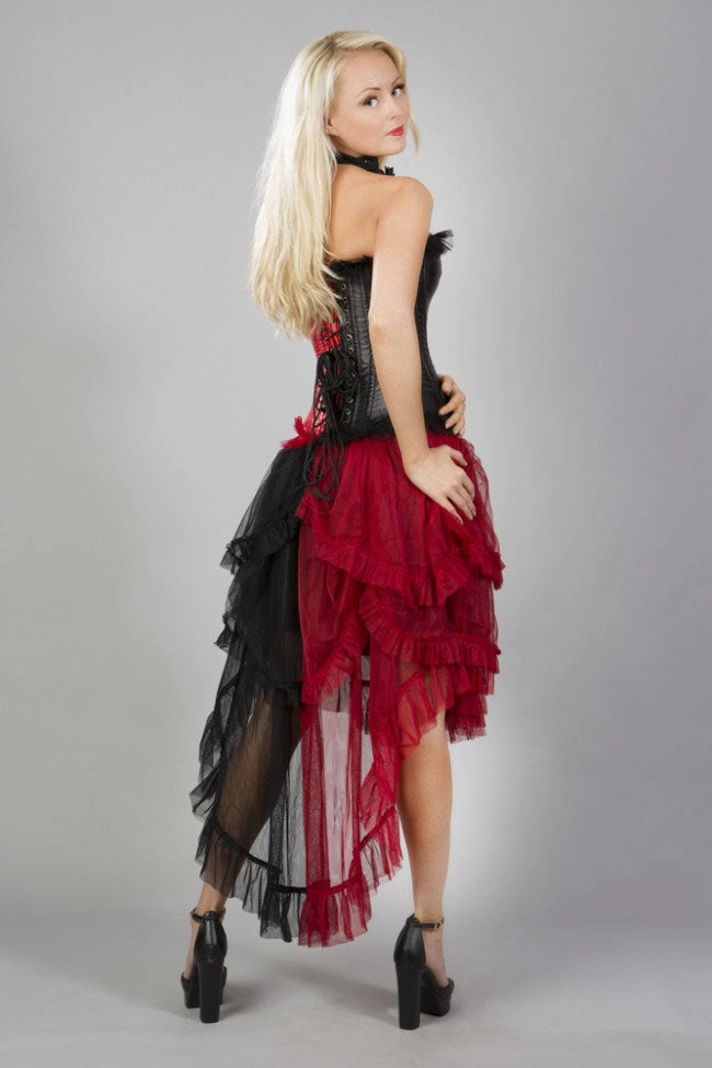 Harlequin burlesque skirt in red and black mesh overlay