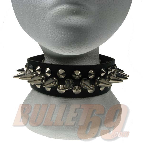 NB116-2 Row width 1 Row Small Hexagonal Spike with 2 Row Conical edge Leather Neckband