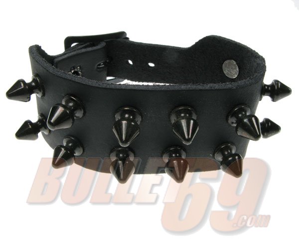 WB149- 2 Row Black Spike Leather Wristband - Black